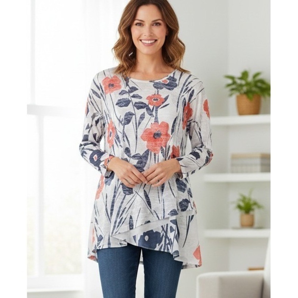 JESS & JANE M Friends Knit & Mesh Contrast Tunic Top Poppies Layered‎ Artsy Boho
